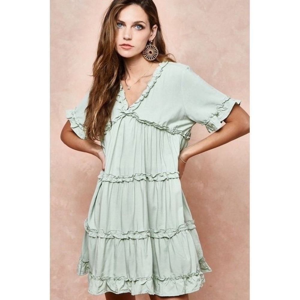 Bibi Ruffle Woven Dress Sage Green SZ M